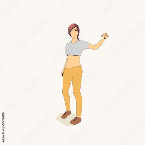 Standing woman. Sport girl illustration. Casual sportwear - t-shirt, breeches and sneakers. Young woman wearing workout clothes. Sport fashion girl outline in urban casual style.
