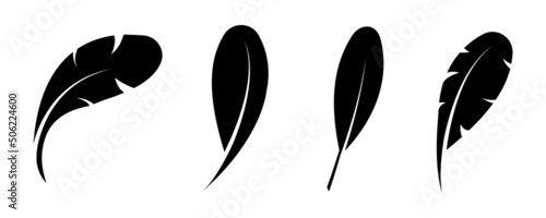 Vector set icons with bird feather on white background. Feather silhouette. Vintage black nib.  Vector 10 EPS.