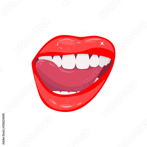 Open smiling female mouth with healthy white teeth. Close-up of red glowing sensual lips and tongue. Dental care. Lip makeup. Vector illustration isolated on white 