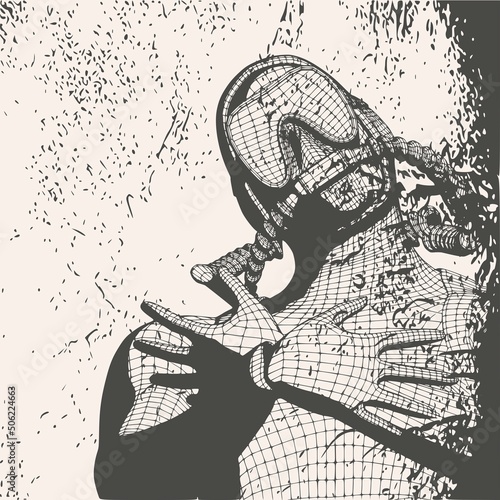 Monochrome silhouette of diver. Mesh grid texture