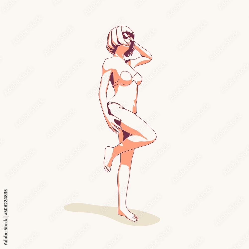 Illustration of a beautiful fashion model posing in a stylish swimsuit. Young attractive woman in bikini. Sketch style outline Illustration of a beautiful fashion model posing in a stylish swimsuit. Young attractive woman in bikini. Sketch style outline