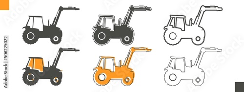 Agricultural machinery set. Vehicle for field farm work. Isolated industrial tractor transport icon collection. Different variants of the same tractor icon.
