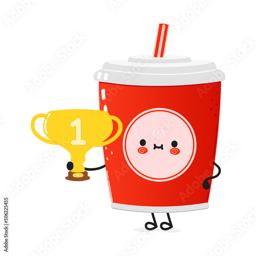 Cute funny red plastic cup cold drink cola straw hold gold trophy cup. Vector hand drawn cartoon kawaii illustration icon. Isolated background. Red plastic cup cold drink cola straw winner trophy cup