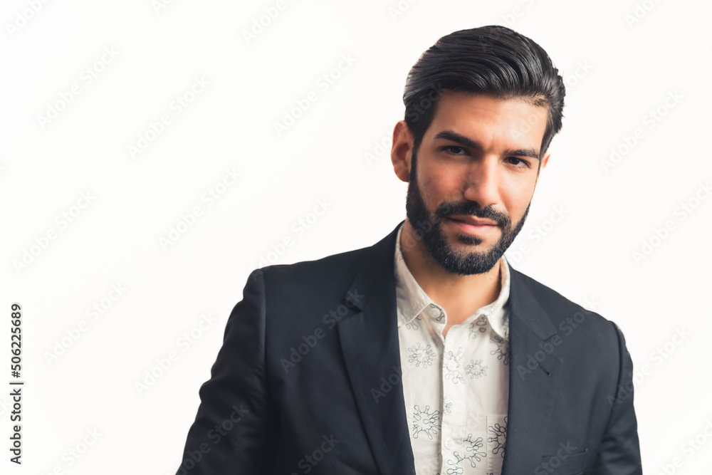 Handsome Latin businessman close up portrait, horizontal isolated white background. High quality photo Handsome Latin businessman close up portrait, horizontal isolated white background. High quality photo