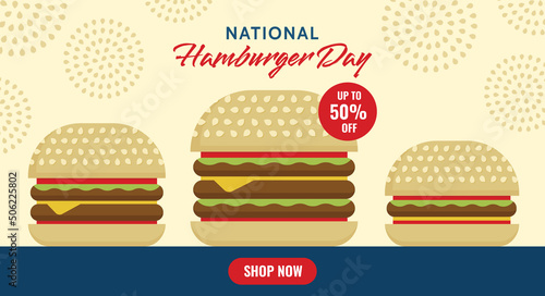National hamburger day. May 28. Poster, flyer, banner. Delicious fast food. Flat vector illustration.