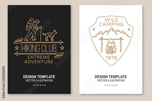 Hiking club Extreme adventure. Wild Camping. Vector. Set of Line art flyer, brochure, banner, poster with Camper tent, pot on the fire, mountain hiker, dog and hiking stick.