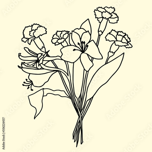 Floral Line Artwork Monochromatic Bouquet Vector Illustration 