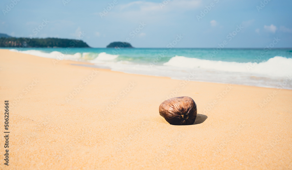 Close up white sand beach sea waves splashing shoreline.