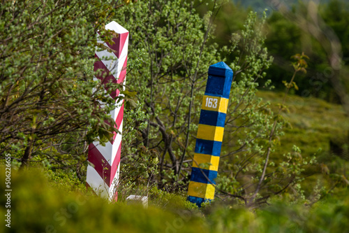 Fototapeta Naklejka Na Ścianę i Meble -  Border posts between Poland and Ukraine in the Bieszczady (Carpathians) Mountains. The Bukowska pass.