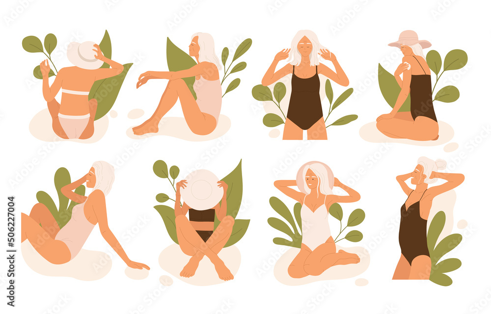 Elderly women resting on the beach Set with leaves. Trendy old tanning women, active retirement. Stylish senior female and summer vacation aesthetic collection. Isolated cartoon vector illustration 