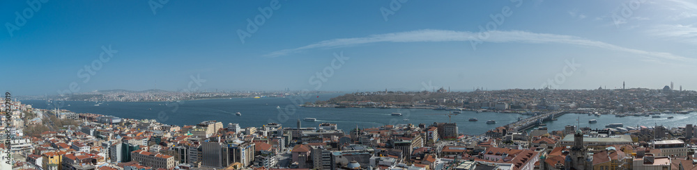 Panoramic view of the European side of Istanbul, Bosphorus strait and Galata bridge from the Galata Tower, Turkey photo