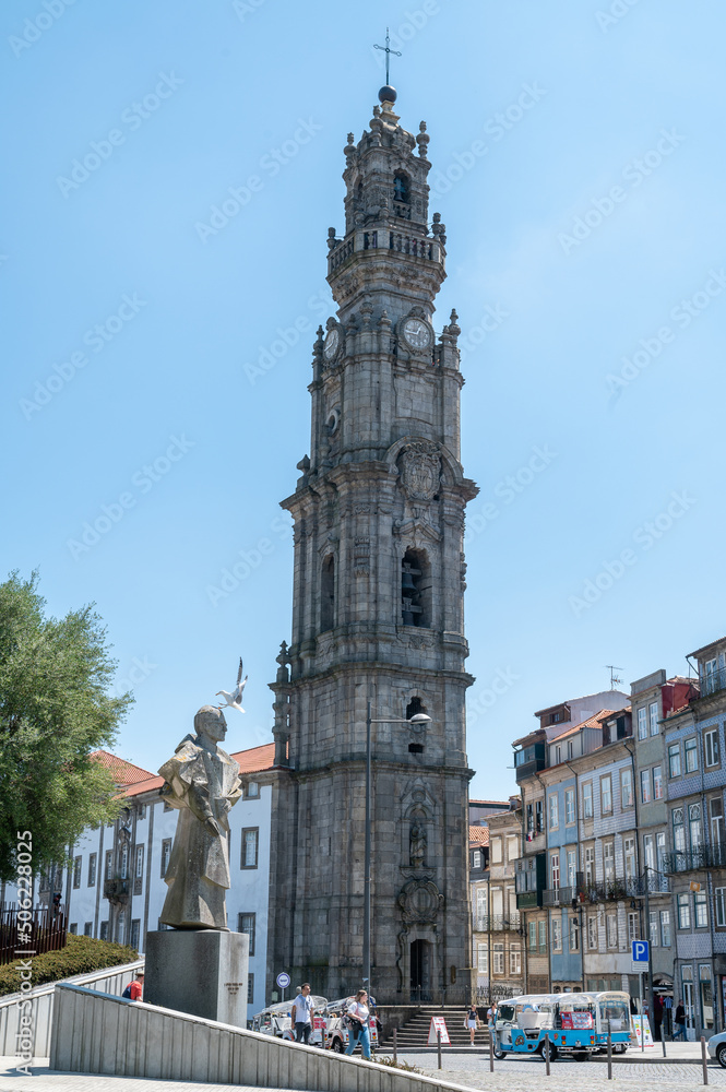 People in Clerigos tower landmark in Porto, Portugal in summer 2022.