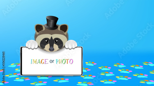 Vector funny cartoon fluffy head of raccoon over smartphone with empty white screen. 3d colored paw prints. Bright sample poster with an cute animal
