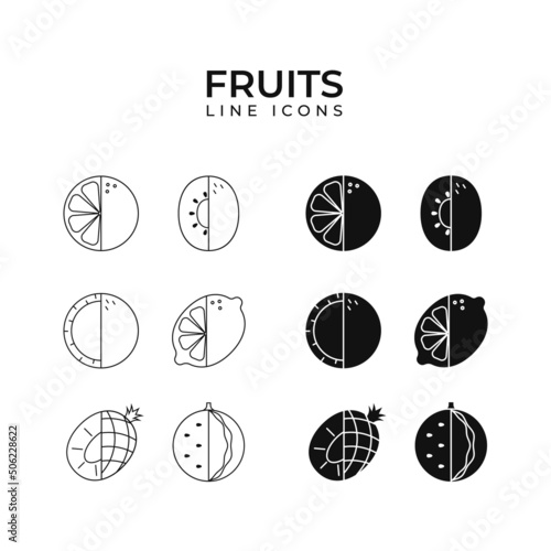 Set of flat linear fruit icons in black and white. Vector illustration of orange, lemon, kiwi, watermelon, pineapple, coconut. Useful, natural, fresh crop.