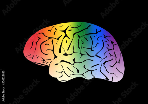 Human brain with rainbow colors on black background. Lesbian, gay, transgender, bisexual and peace symbol.
