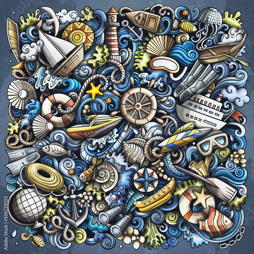 Marine hand drawn vector doodles illustration. Color funny picture.
