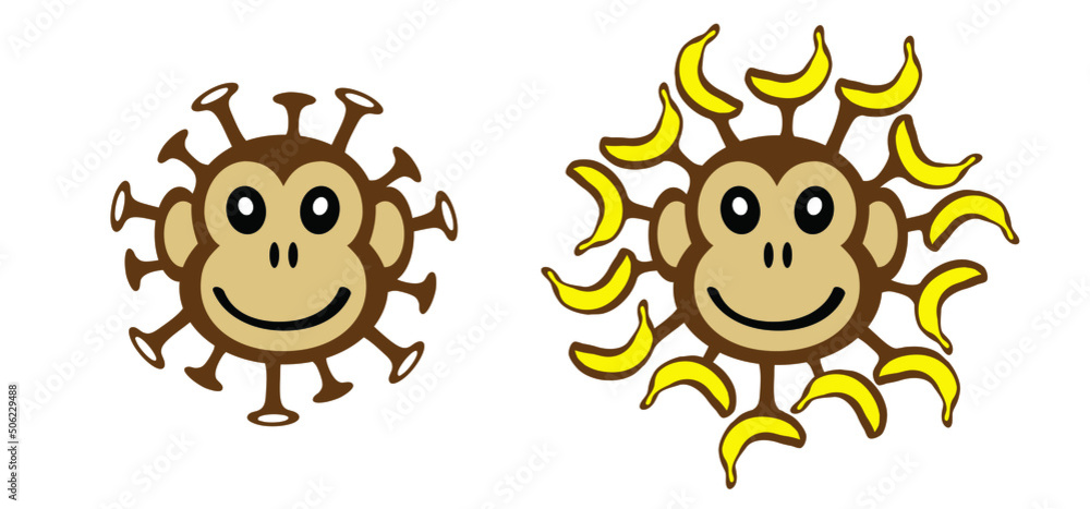 Cartoon monkey virus or monkeypox. The virus belongs to the genus Orthopoxvirus in the family Poxviridae. infectious disease. Ape face with yellow banana. Vector monkey pox symbol or icon