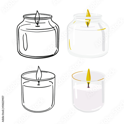 Vector soy wax candles. White candle in glass jar. Candle illustration. 