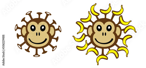 Cartoon monkey virus or monkeypox. The virus belongs to the genus Orthopoxvirus in the family Poxviridae. infectious disease. Ape face with yellow banana. Vector monkey pox symbol or icon