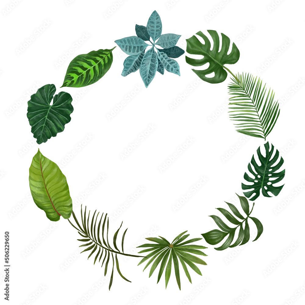 Digital wreath with colorful tropical
leaves. White background Digital wreath with colorful tropical
leaves. White background