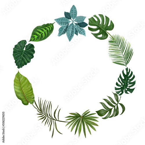 Digital wreath with colorful tropical leaves. White background