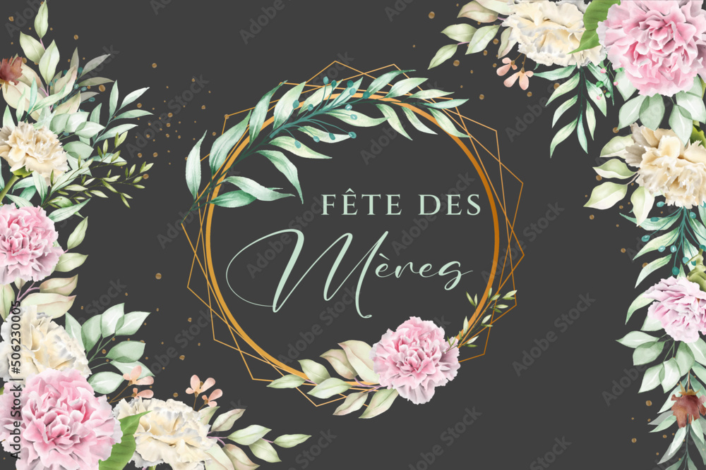 carte ou bandeau sur la fête des mères en vert dans un cercle de couleur or avec des feuilles de fougères une pivoine rose sur un fond noir avec de chaque côté des feuilles et fleurs