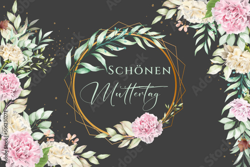 Karte oder Banner zum Muttertag in Grün in einem goldenen Kreis mit Blättern von Farnen, einer rosa Pfingstrose auf schwarzem Hintergrund mit Blättern und Blüten auf jeder Seite