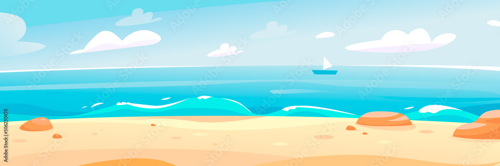 Summer beach by the sea. Beautiful seascape. A banner for a summer vacation. The sea horizon. Cartoon vector illustration