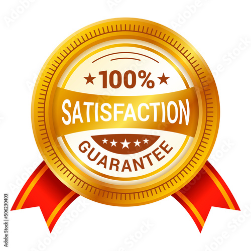 Customer satisfaction guarantee golden circle badge red festive ribbon place for text vector