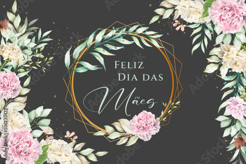 cartão ou banner no dia das mães em verde em um círculo de cor dourada com folhas de samambaias uma peônia rosa em um fundo preto com cada lado das folhas e flores