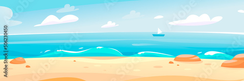 Summer beach by the sea. Beautiful seascape. A banner for a summer vacation. The sea horizon. Cartoon vector illustration © vik.stock