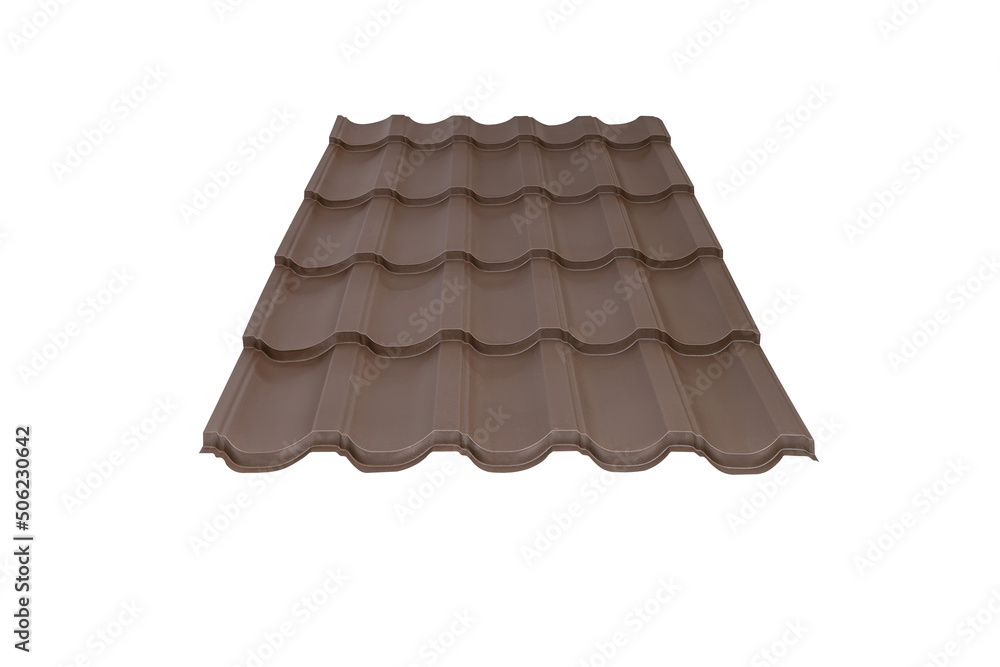 Brown Metal tile roof sheet isolated on white background. Material for roof. Brown Metal tile roof sheet isolated on white background. Material for roof.