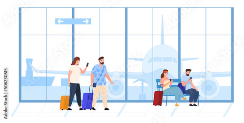 Tourists people at airport terminal waiting for plane vector flat illustration. Travel man and woman