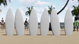 Six blank surfboards on the sandy beach 3D rendering