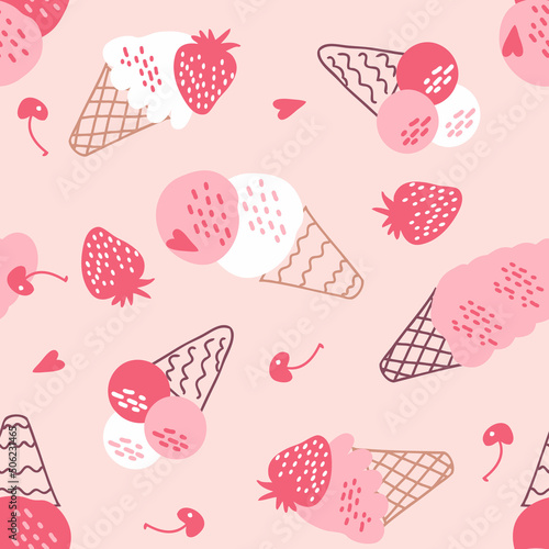 Vintage seamless pattern with ice cream and berries. Retro groovy print for fabric, paper, T-shirt. Aesthetic vector background for decor and design.