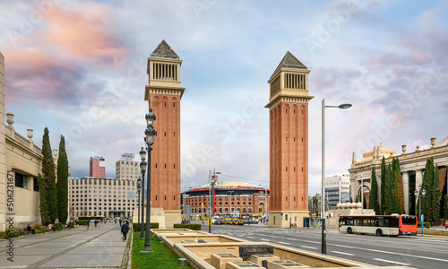 Barcelona, Spain. Placa d'Espanya (Spain Square) and Torres Venecianes