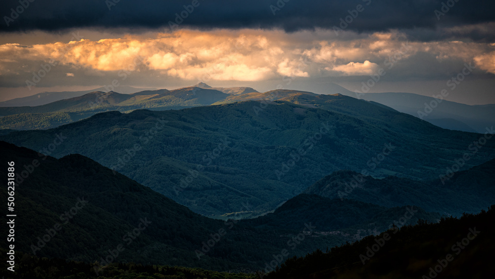 Dramatic cloudy sky over the mountains. Pikui mountain range, Bieszczady, Carpathians, Ukraine. Dramatic cloudy sky over the mountains. Pikui mountain range, Bieszczady, Carpathians, Ukraine.