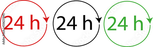 24 hours, sign around the clock, logo, sign,  pointer, symbol in black, red and green.