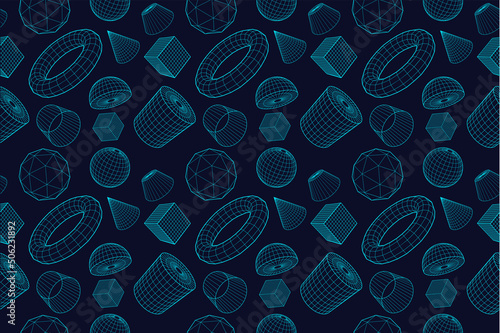 Seamless vector patter. Geometric 3D objects with connected lines. Outline grid texture