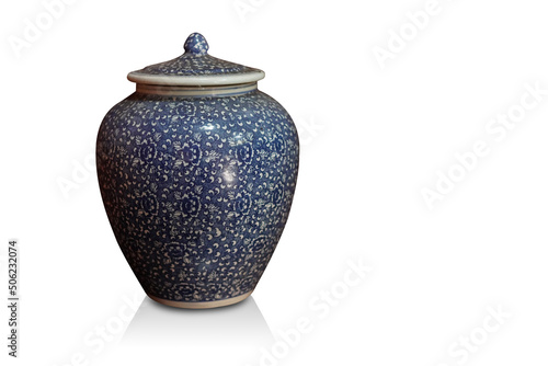 antique blue and white ceramic vase and lid on white background, object, decor, vintage, copy space