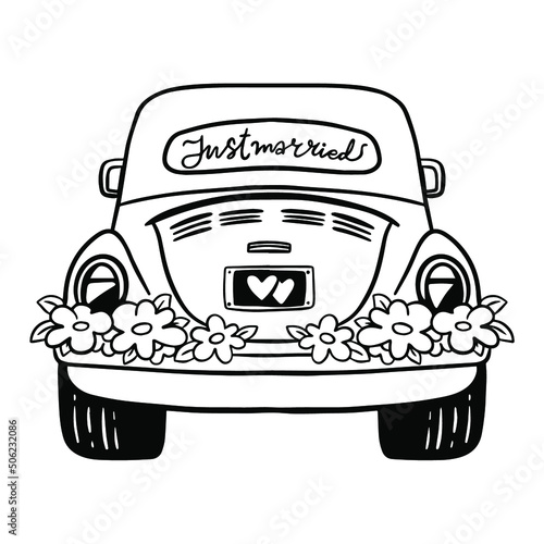 Just married car vector outline illustration. Great design for any purposes. Happy family banner design.