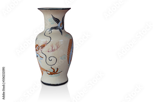 antique cream and black ceramic vase on white background, object background, decor, vintage, retro, fashion, copy space