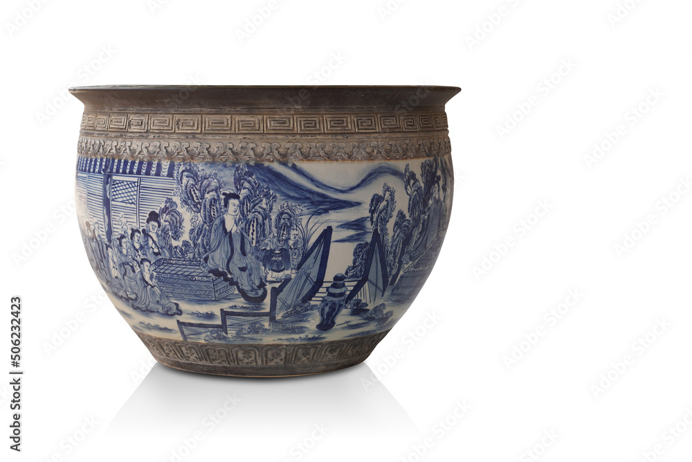 front view old and antique brown and blue and white large ceramic pot on white background, vintage, object, decor, china, copy space front view old and antique brown and blue and white large ceramic pot on white background, vintage, object, decor, china, copy space