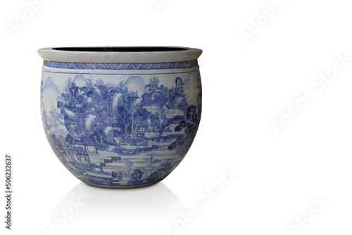 side view old and antique blue and white large ceramic pot on white background, vintage, object, copy space