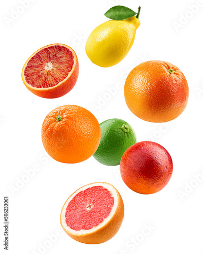 Falling citrus, mix, lemon, orange, lime, grapefruit isolated on white background, clipping path, full depth of field