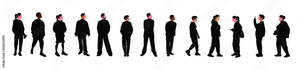 Set of vector silhouettes of men and a women, a group of standing business people, black color isolated on white background	