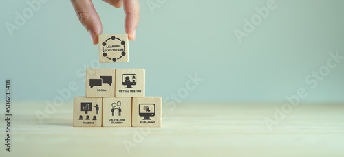 Learning ecosystems concept. Building a blended learning ecosystems. Necessary for digital evolution and transformation.  Holding wooden cubes with text"Learning Ecosystems"on grey background.
