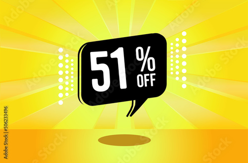 51% off. Yellow banner with fifty one percent discount on a black balloon for mega big sales.