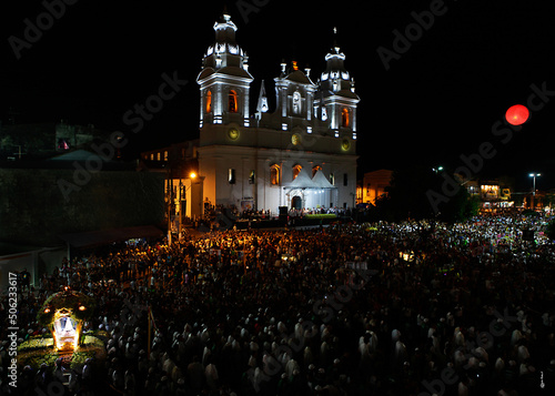 Crowd gathered in front of Catedral da Sé by night during the festivities of Círio de Nazaré, a catholic festivity and the largest religious festival in Brazil. Belém, Pará, Amazon, Brazil. October, 2 photo
