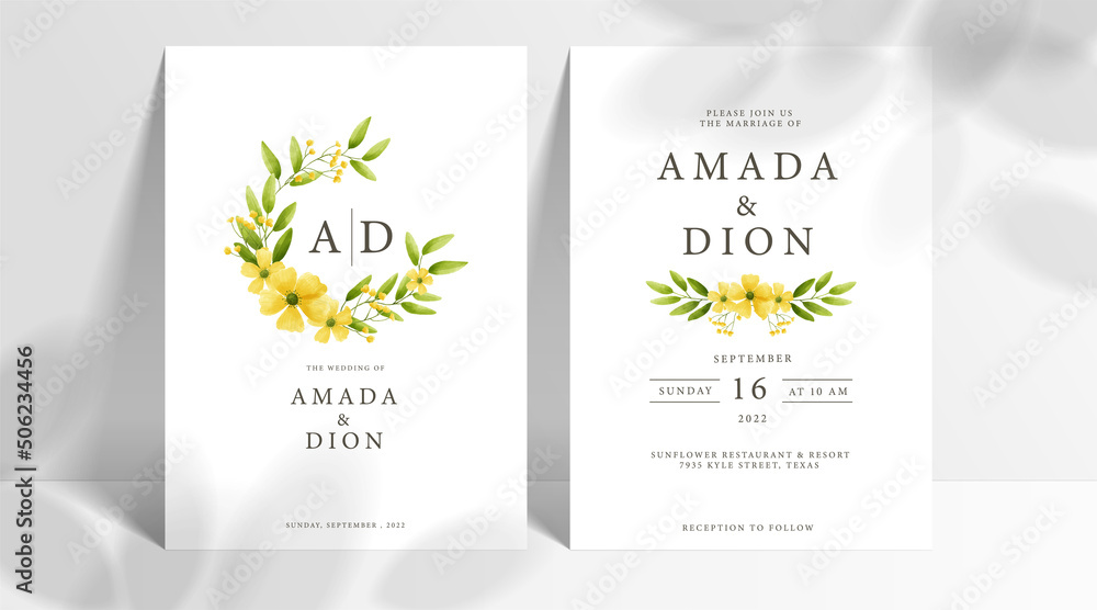 Fototapeta premium Minimal wedding invitation card set template with yellow flowers and leaves watercolor in white background